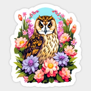 A Cute Short Eared Owl Surrounded by Bold Vibrant Spring Flowers Sticker